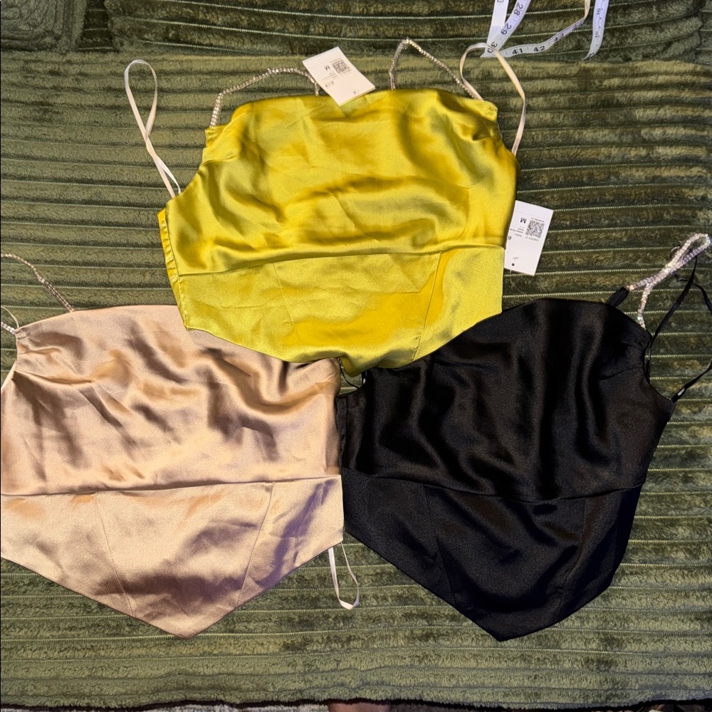 Forever 21 Satin Bandana Cami Tops - green & Black 3tops 🍇🍓🫐